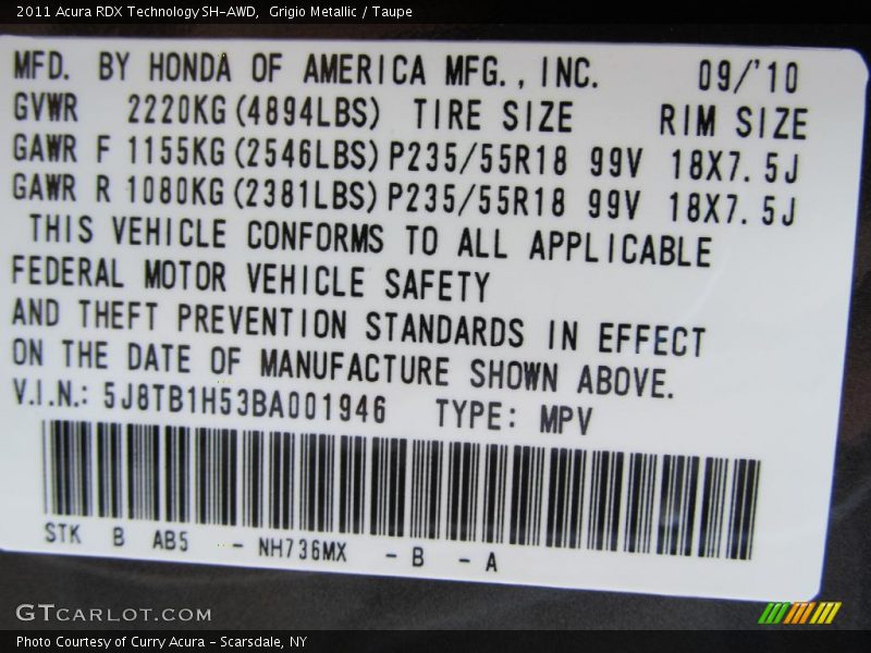 2011 RDX Technology SH-AWD Grigio Metallic Color Code NH736MX