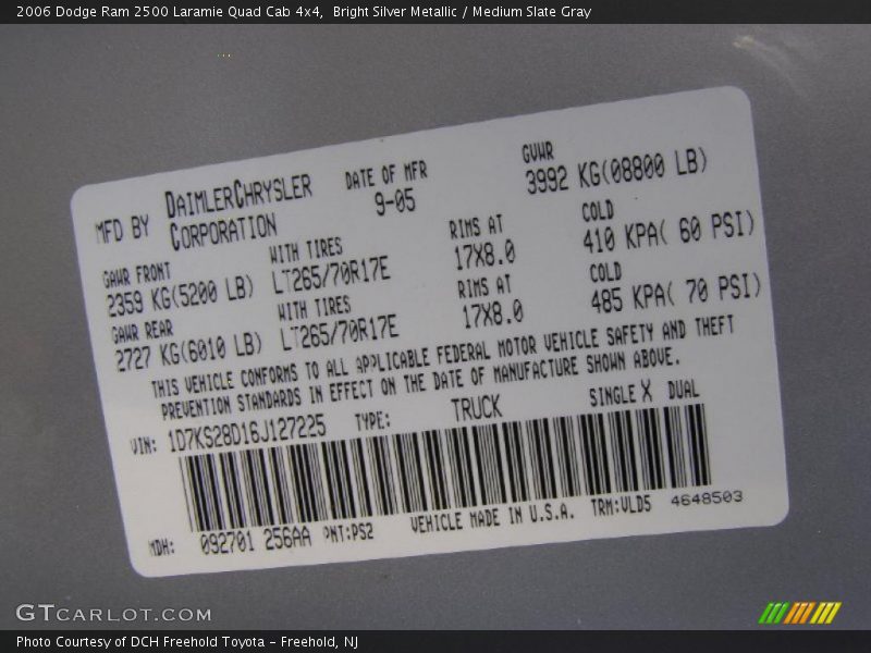 2006 Ram 2500 Laramie Quad Cab 4x4 Bright Silver Metallic Color Code PS2