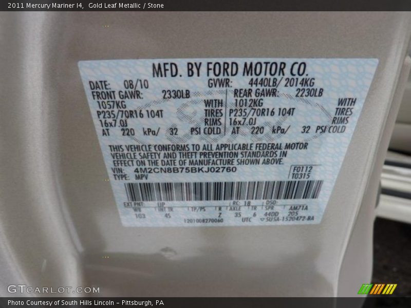 Gold Leaf Metallic / Stone 2011 Mercury Mariner I4