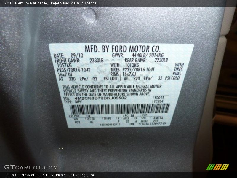 Ingot Silver Metallic / Stone 2011 Mercury Mariner I4