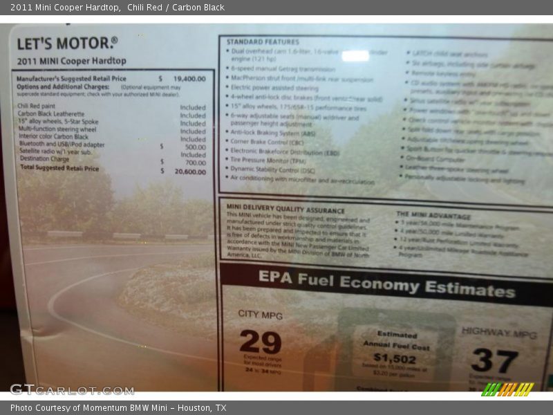 Chili Red / Carbon Black 2011 Mini Cooper Hardtop