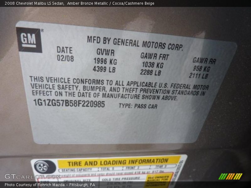 Amber Bronze Metallic / Cocoa/Cashmere Beige 2008 Chevrolet Malibu LS Sedan