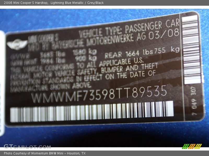 Lightning Blue Metallic / Grey/Black 2008 Mini Cooper S Hardtop