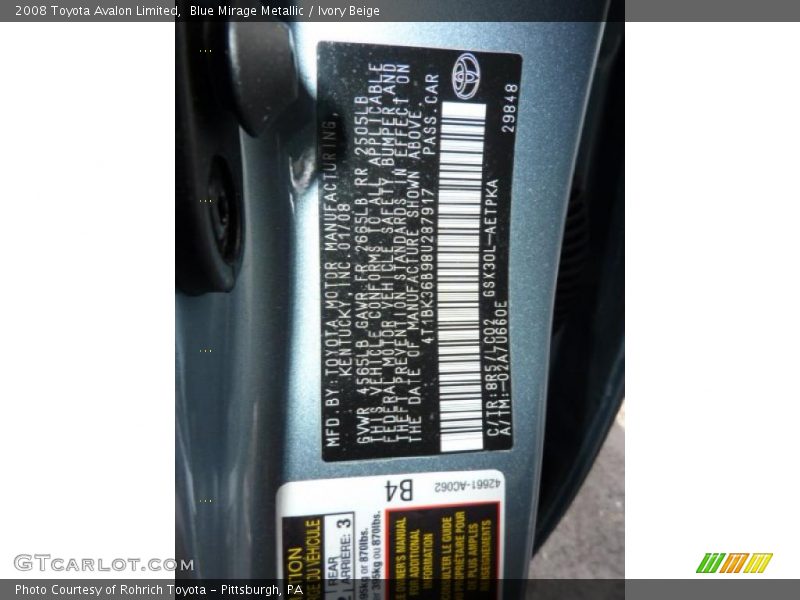 Blue Mirage Metallic / Ivory Beige 2008 Toyota Avalon Limited