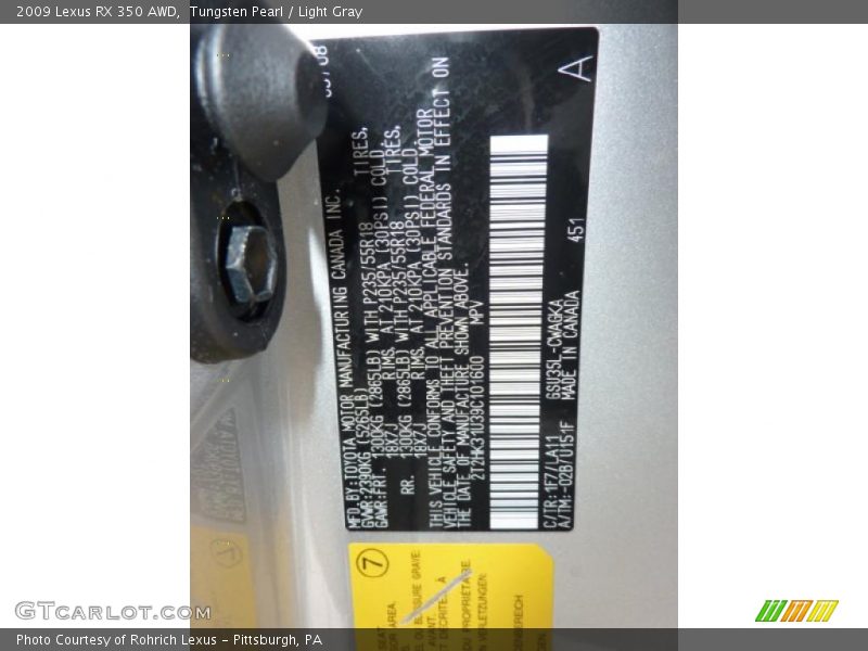 Tungsten Pearl / Light Gray 2009 Lexus RX 350 AWD