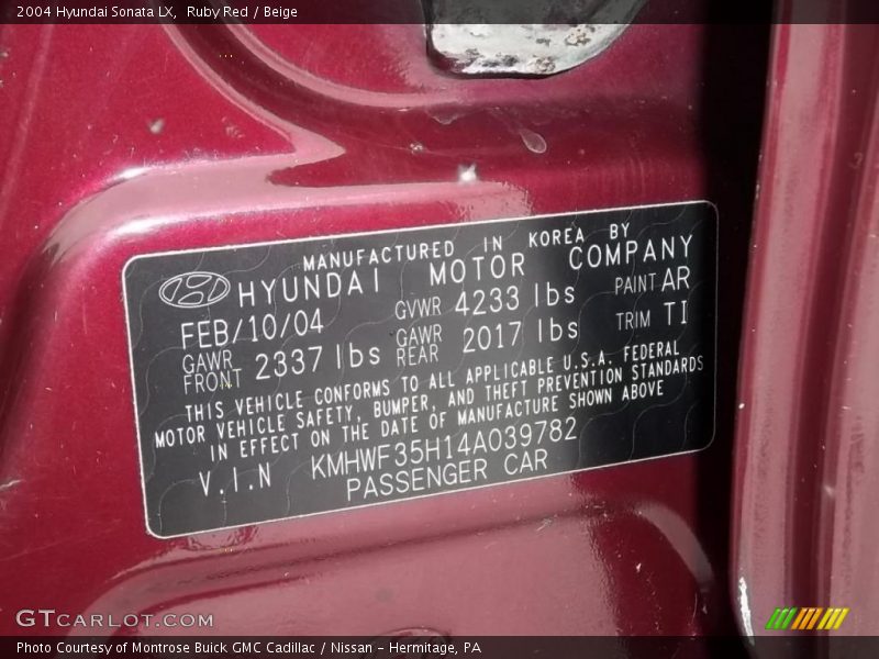 Ruby Red / Beige 2004 Hyundai Sonata LX
