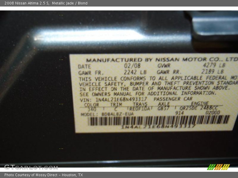 Metallic Jade / Blond 2008 Nissan Altima 2.5 S