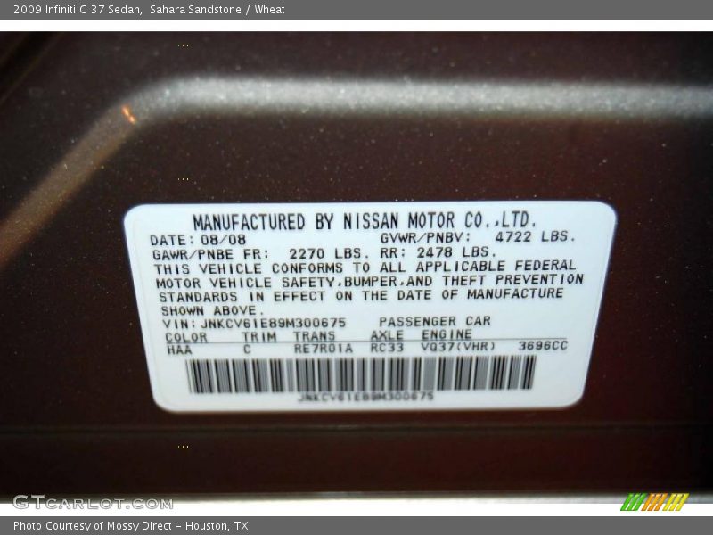 Sahara Sandstone / Wheat 2009 Infiniti G 37 Sedan