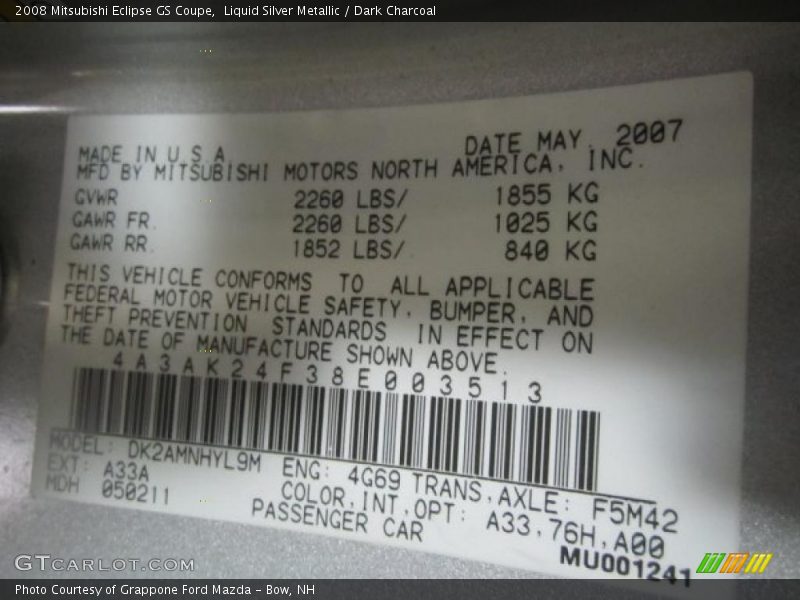 Liquid Silver Metallic / Dark Charcoal 2008 Mitsubishi Eclipse GS Coupe