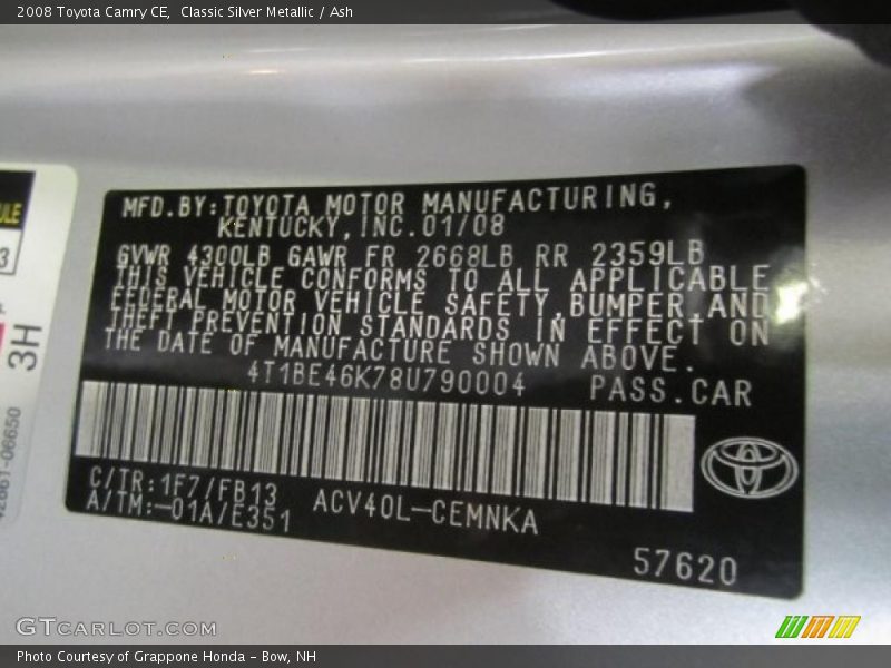 Classic Silver Metallic / Ash 2008 Toyota Camry CE