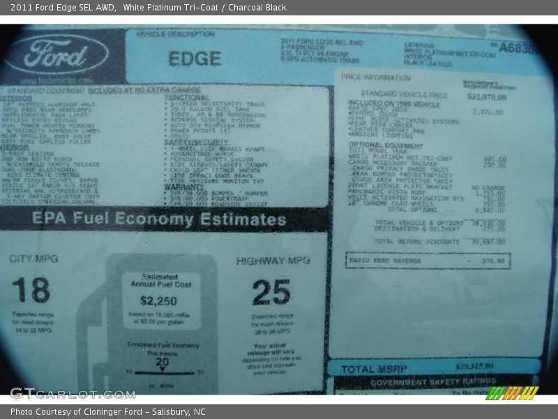  2011 Edge SEL AWD Window Sticker