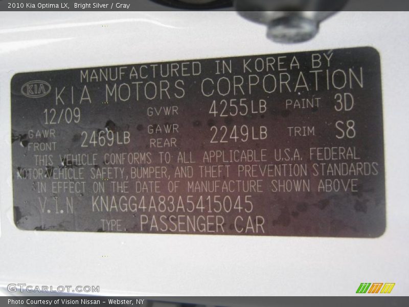 Bright Silver / Gray 2010 Kia Optima LX