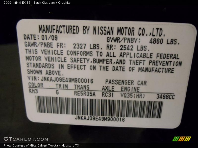 2009 EX 35 Black Obsidian Color Code KH3