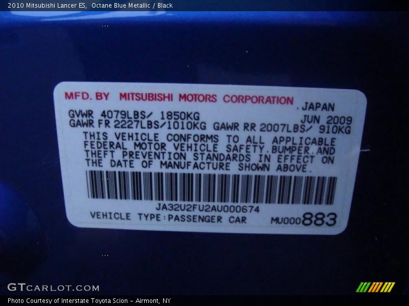 Octane Blue Metallic / Black 2010 Mitsubishi Lancer ES