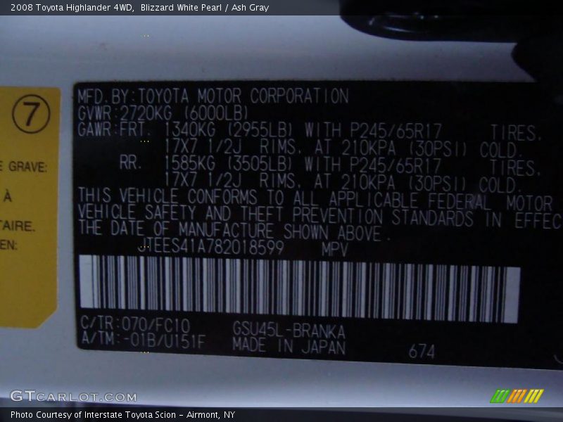 Blizzard White Pearl / Ash Gray 2008 Toyota Highlander 4WD