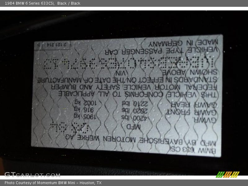 Info Tag of 1984 6 Series 633CSi