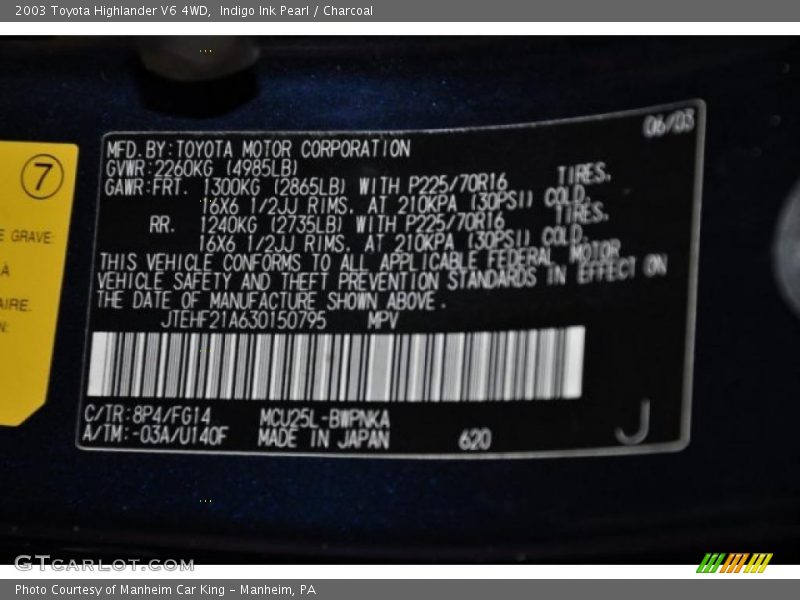 Indigo Ink Pearl / Charcoal 2003 Toyota Highlander V6 4WD
