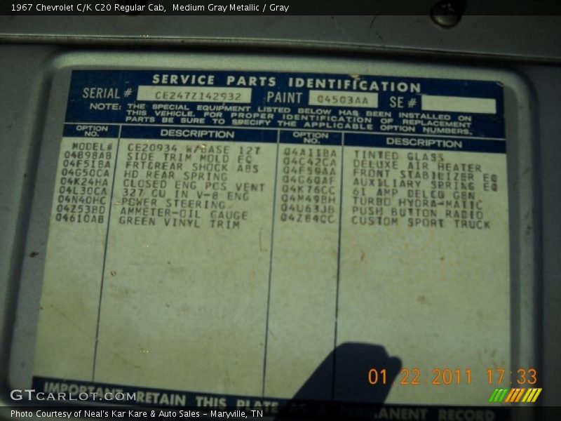 Info Tag of 1967 C/K C20 Regular Cab
