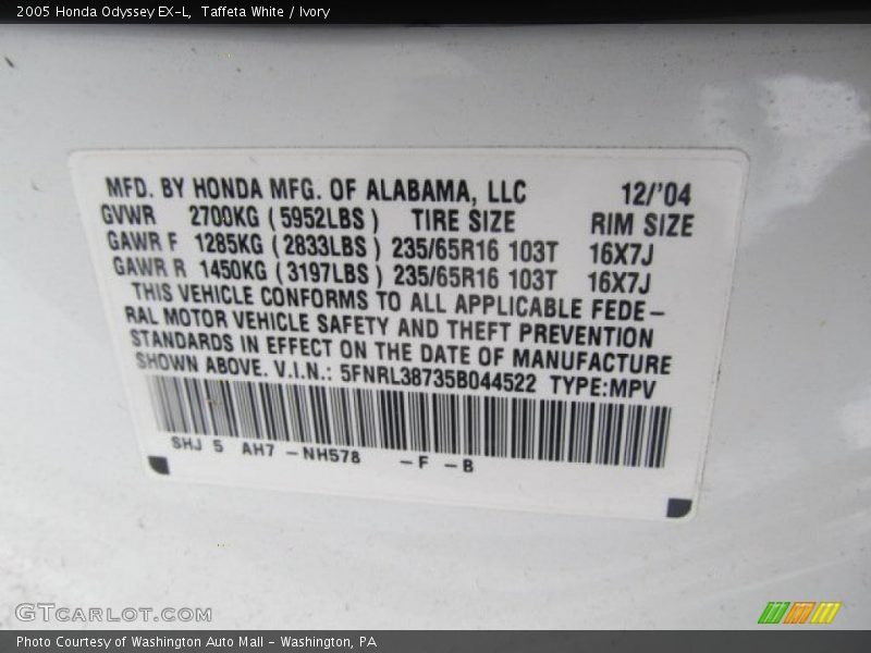 Taffeta White / Ivory 2005 Honda Odyssey EX-L