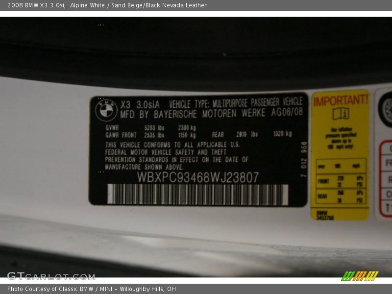Alpine White / Sand Beige/Black Nevada Leather 2008 BMW X3 3.0si