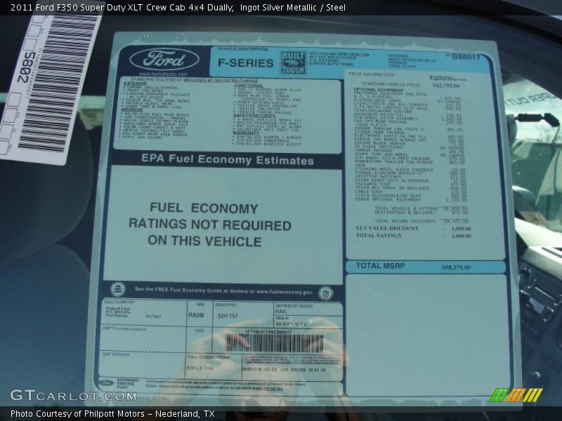  2011 F350 Super Duty XLT Crew Cab 4x4 Dually Window Sticker