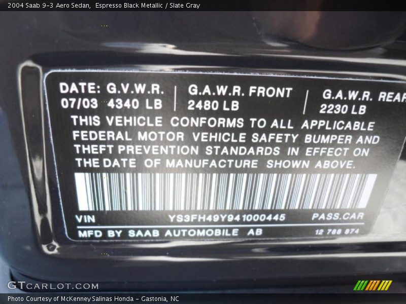 Espresso Black Metallic / Slate Gray 2004 Saab 9-3 Aero Sedan