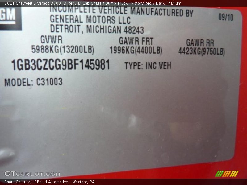 Victory Red / Dark Titanium 2011 Chevrolet Silverado 3500HD Regular Cab Chassis Dump Truck