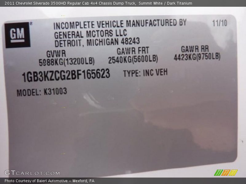 Info Tag of 2011 Silverado 3500HD Regular Cab 4x4 Chassis Dump Truck