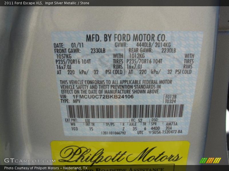 Info Tag of 2011 Escape XLS