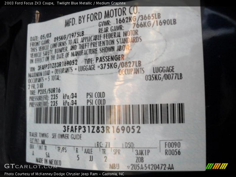 Twilight Blue Metallic / Medium Graphite 2003 Ford Focus ZX3 Coupe