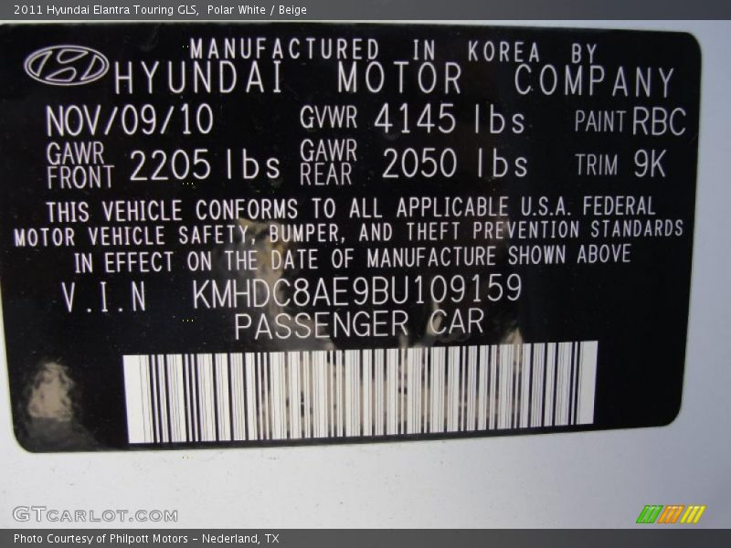 2011 Elantra Touring GLS Polar White Color Code RBC