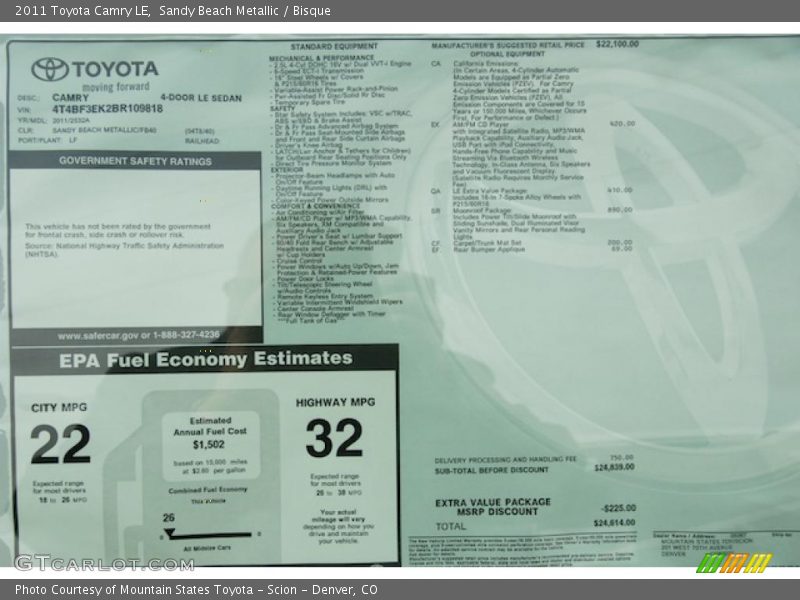  2011 Camry LE Window Sticker