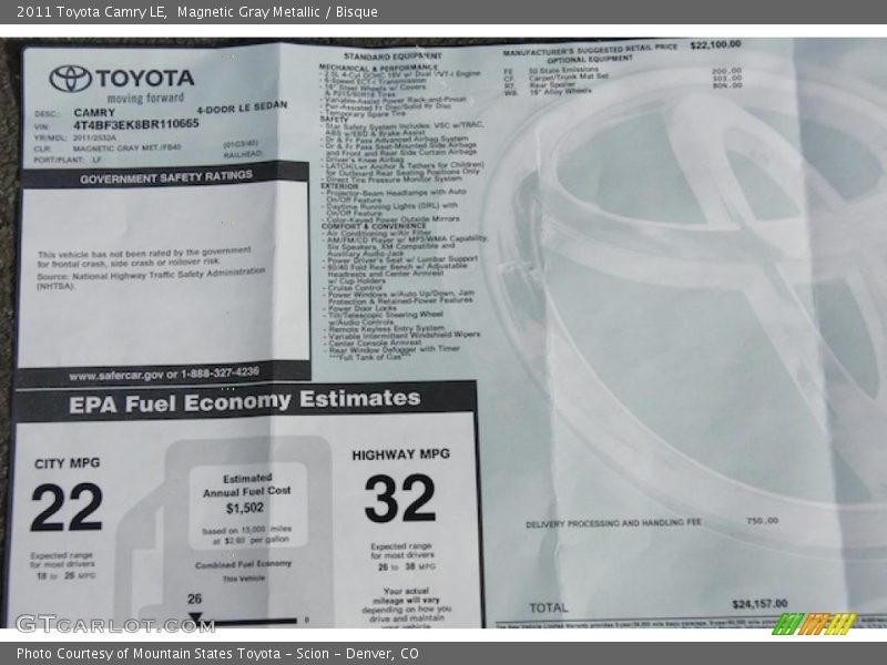  2011 Camry LE Window Sticker