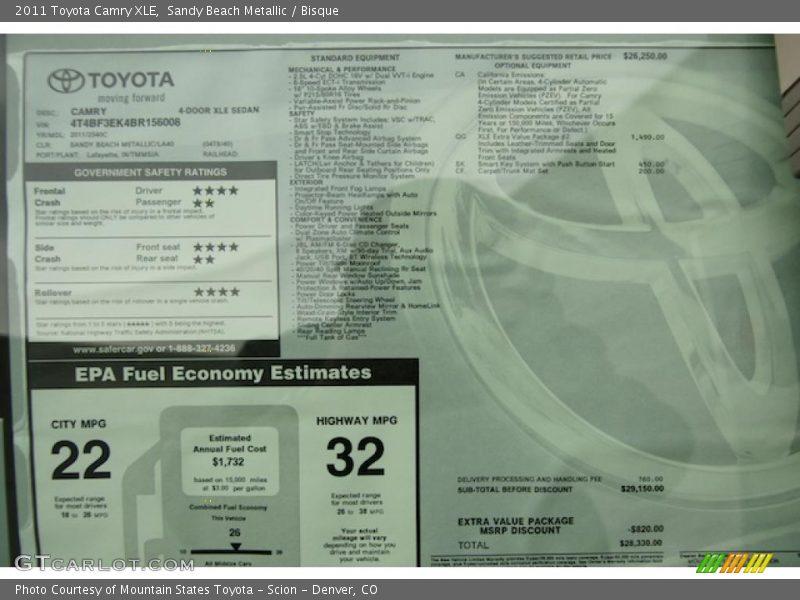  2011 Camry XLE Window Sticker