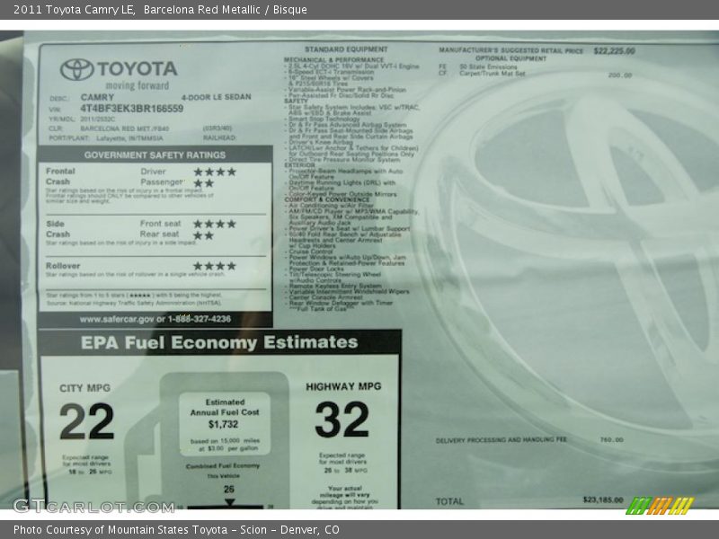  2011 Camry LE Window Sticker