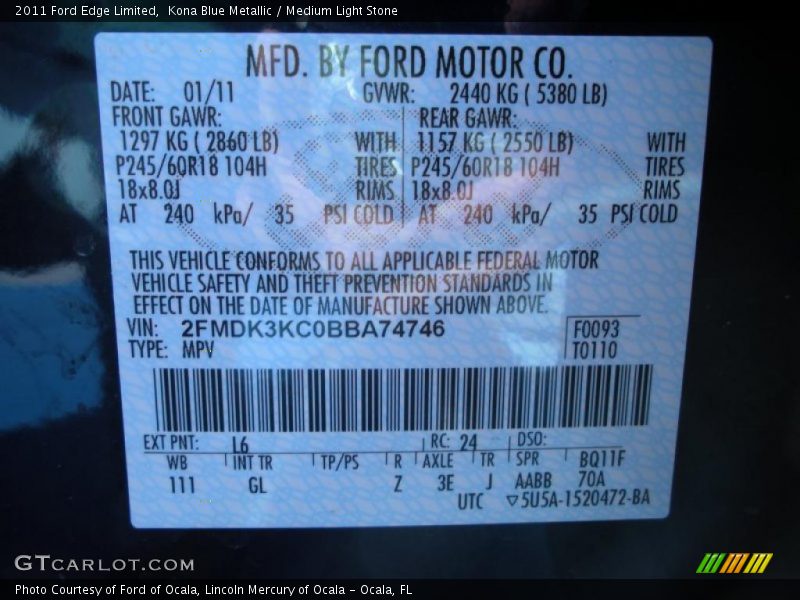 Kona Blue Metallic / Medium Light Stone 2011 Ford Edge Limited