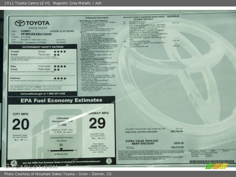  2011 Camry LE V6 Window Sticker
