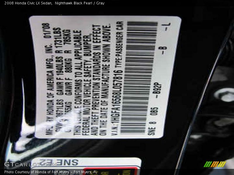 Nighthawk Black Pearl / Gray 2008 Honda Civic LX Sedan