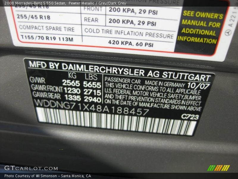 Pewter Metallic / Grey/Dark Grey 2008 Mercedes-Benz S 550 Sedan