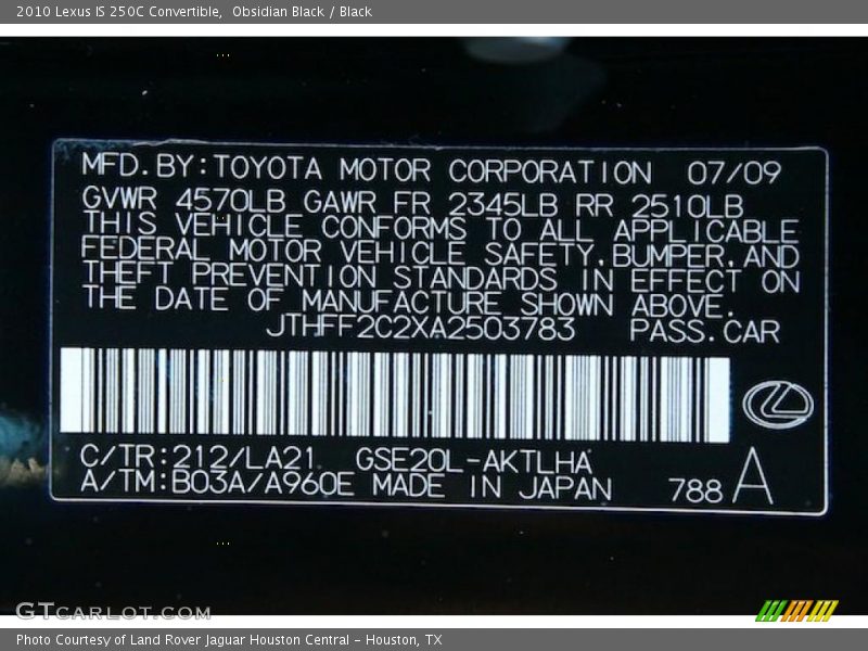 2010 IS 250C Convertible Obsidian Black Color Code 212