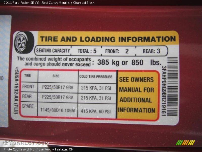 Info Tag of 2011 Fusion SE V6