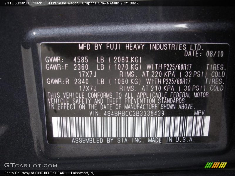 Graphite Gray Metallic / Off Black 2011 Subaru Outback 2.5i Premium Wagon