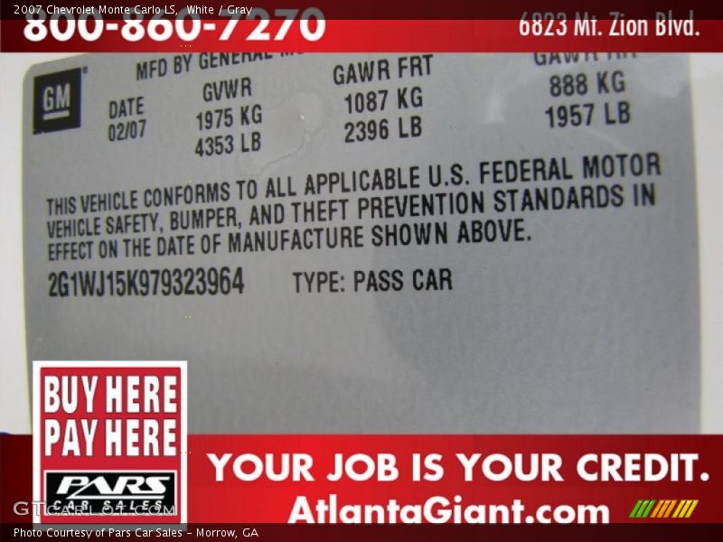 White / Gray 2007 Chevrolet Monte Carlo LS