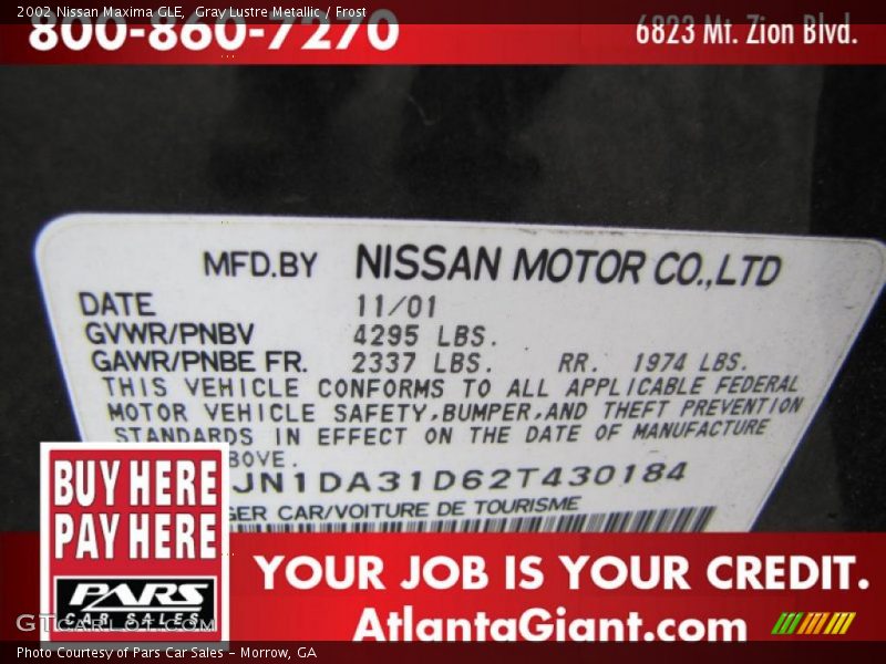 Gray Lustre Metallic / Frost 2002 Nissan Maxima GLE