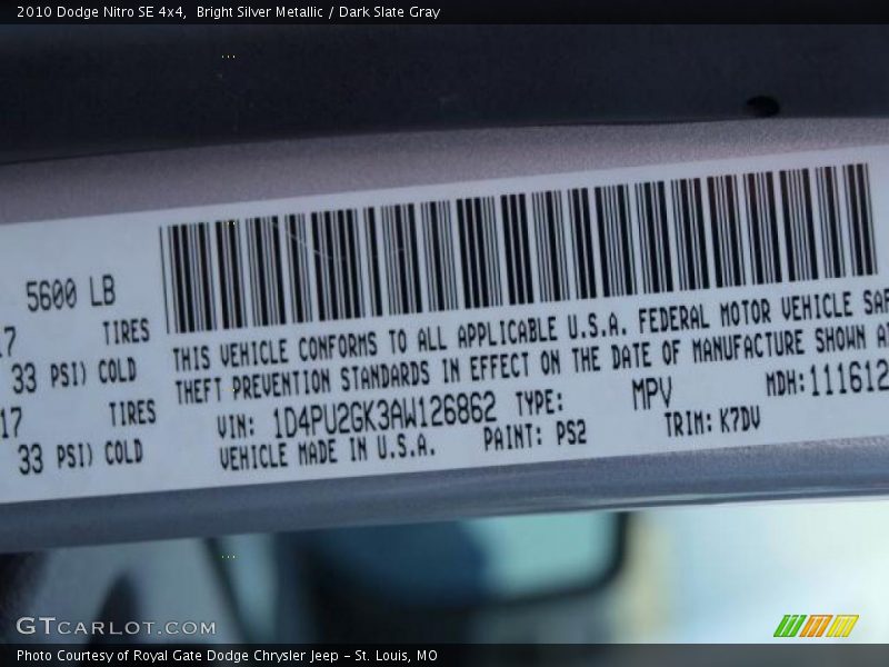 Bright Silver Metallic / Dark Slate Gray 2010 Dodge Nitro SE 4x4