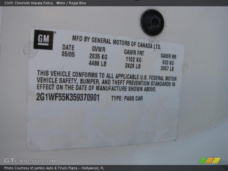 White / Regal Blue 2005 Chevrolet Impala Police