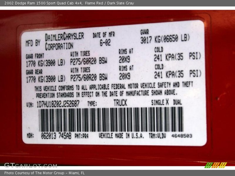 2002 Ram 1500 Sport Quad Cab 4x4 Flame Red Color Code PR4