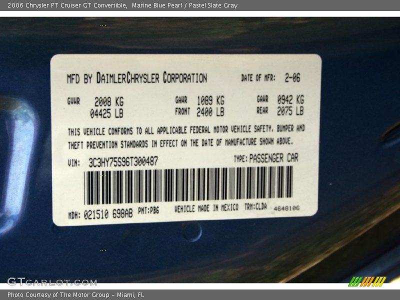 2006 PT Cruiser GT Convertible Marine Blue Pearl Color Code PB6