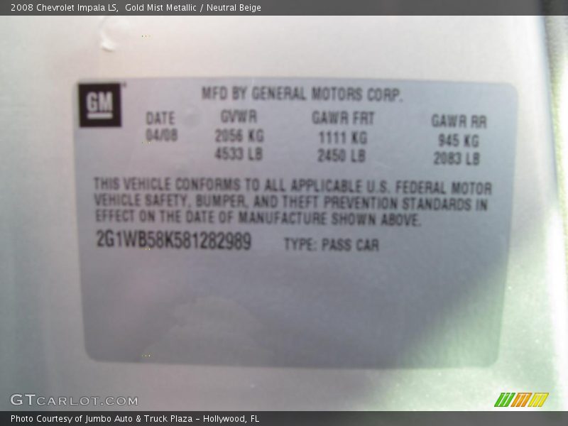 Gold Mist Metallic / Neutral Beige 2008 Chevrolet Impala LS