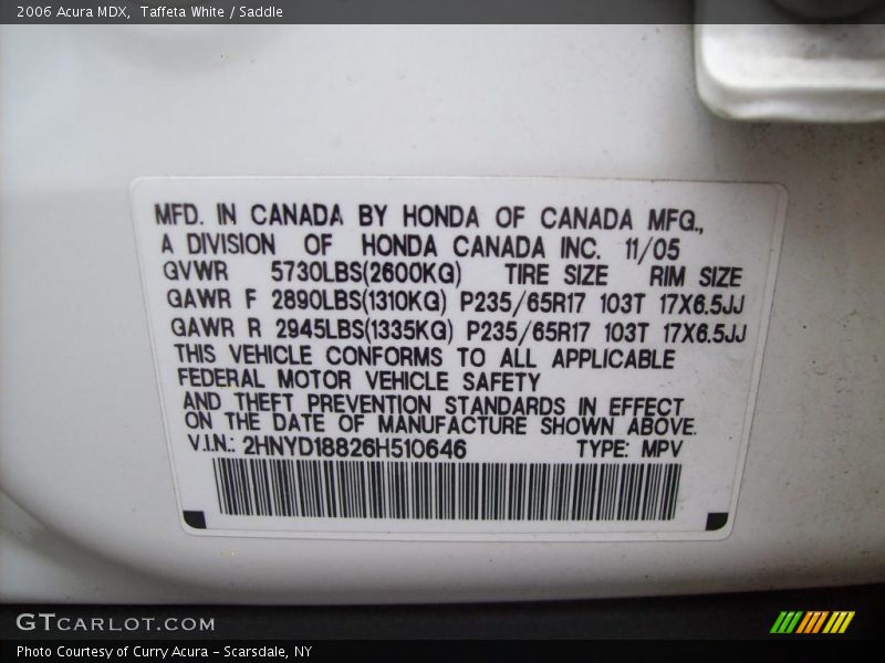 Taffeta White / Saddle 2006 Acura MDX